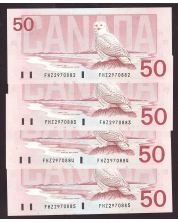 4X 1988 Canada $50 Snowy Owl consecutive notes FHZ2970882-85 CH UNC+