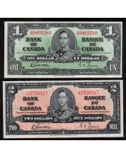 2x 1937 Canada banknotes $1 E/M9405280 & $2 X/B2756917 Gordon Towers VF+