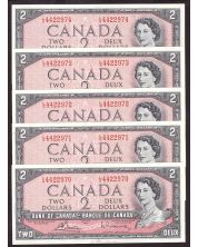 5x 1954 Canada $2 consecutive notes Bouey Rasminsky L/G4422970-74 CH UNC