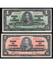 2x 1937 Canada banknotes $1 E/N7197875 & $2 E/R9229831 Coyne Towers VF+