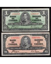 2x 1937 Canada banknotes $1 S/N2385537 & $2 D/R3927251 Coyne Towers VF+