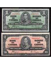 2x 1937 Canada banknotes $1 X/M9433951 & $2 B/R6809147 Coyne Towers VF+