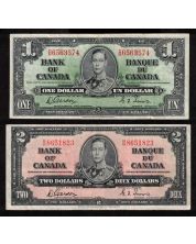 2x 1937 Canada banknotes $1 D/M6563574 & $2 R/B8651827 Gordon Towers VF