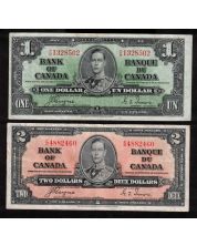 2x 1937 Canada banknotes $1 R/M1328502 & $2 E/R4882460 Coyne Towers VF