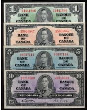 1937 Canada $1 $2 $5 $10 banknote set all Gordon Towers VF