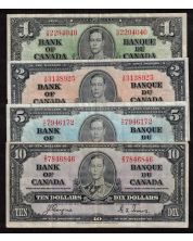 1937 Canada $1 $2 $5 $10 banknote set all Gordon Towers FINE