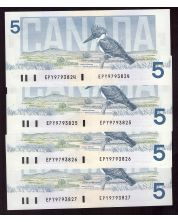 4x 1986 Canada $5 notes Theissen Crow consec EPY9793824-27 GEM UNC EPQ