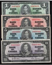 1937 Canada $1 $2 $5 $10 banknote set all Gordon Towers all VF+