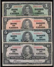 1937 Canada $1 $2 $5 $10 banknote set all Coyne Towers FINE