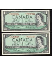 2X 1954 Canada $1 consecutive replacement notes BR *N/Y 0707324-25 AU/UNC