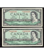 2X 1954 Canada $1 consecutive replacement notes BR *N/Y 0707285-86 CH UNC