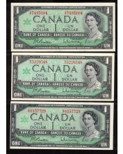 3 X 1967 Canada $1 banknotes G/P H/P M/O 3-notes Choice Uncirculated