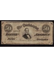 1864 $50 FIFTY DOLLARS Confederate States of America #52002 FEB 17 damaged