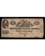 1862 $2 TWO DOLLARS Confederate States of America CSA June 2 damaged