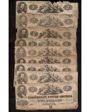 9 X 1862 $2 Confederate States of America Notes all circulated and damaged