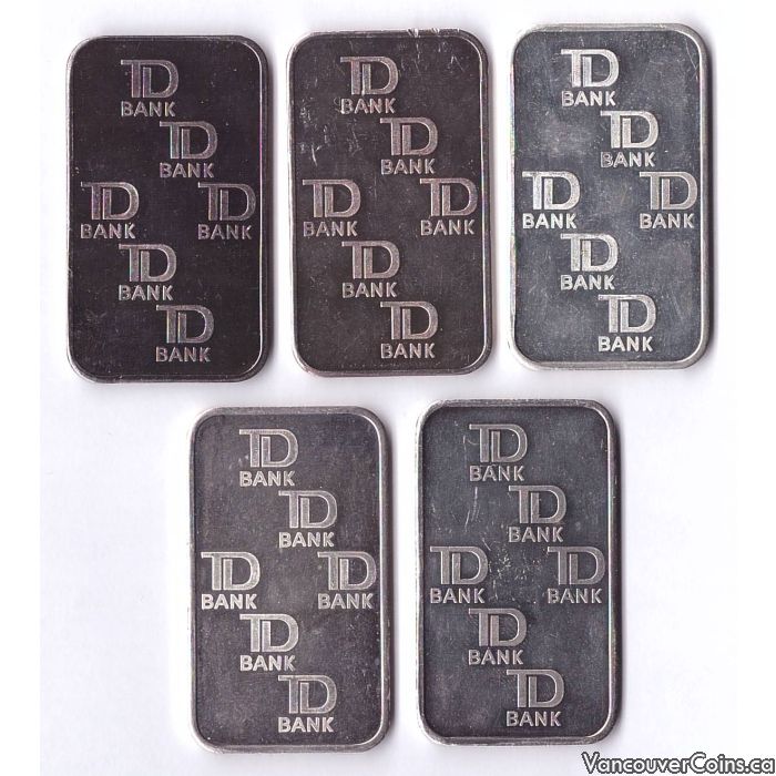 5x 1 oz JM Silver Bars Johnson Matthey 999 Fine Silver TD Bank Reverse ...