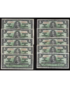 10x 1937 Canada $1 banknotes all Coyne Towers all 10-notes a/VF