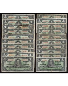 20x 1937 Canada $1 notes mixed signatures and prefix circulated and damaged