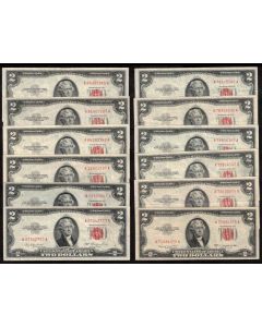 12 X 1953 USA RED SEAL $2 notes Series 1953 A B C FR-1500-01-02-03 VF to VF+