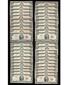 42 x 1963 USA $2 RED SEAL banknotes 42-notes circulated and/or damaged