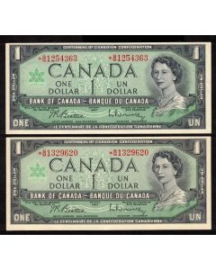 2 X 1967 Canada $1 replacement banknotes *B/M1329620 and *B/M1254363 UNC