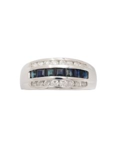 18K White Gold 0.49ct Square Cut Blue Sapphires & 0.40ct Round Brilliant Ring Size 7