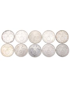10x Germany 2 mark 3rd Reich silver coins 1937 1938 8x1939 10- nice coins