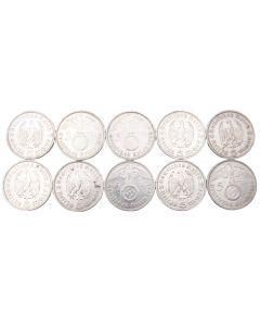 10x 1936 Germany 5 mark 3rd Reich silver 6xA 2xD 1xE 1xG 10-nice coins