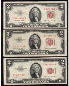 25 X 1953 USA RED SEAL $2 notes Series 1953 A B C FR-1500-01-02-03 VF to VF+