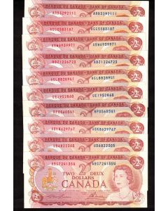 10x 1974 Canada $2 banknotes mixed types 10-notes Choice UNCIRCULATED