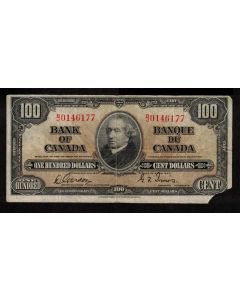 1937 Canada $100 banknote Gordon Towers B/J0146177 F missing corner