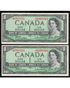 2 X 1954 Canada $1 consecutive replacement notes *B/M0958560-61 Choice UNC