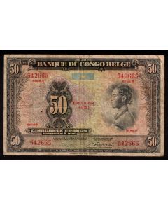 1951 Belgian Congo 50 francs banknote serial # 542665 no holes no tears VG/F 