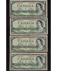 4 X 1954 Canada $1 devils face banknotes circulated and damaged