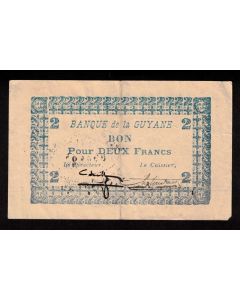 French Guiana 2 Francs banknote (1942) FINE+