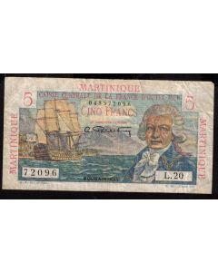 1947-1949 Martinique 5 Francs overprint banknote P-27 72096 FINE