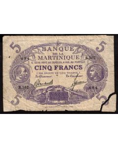 1934-1945 Martinique 5 Francs P-6 circulated damaged