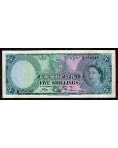 1957 Fiji 5 Shillings banknote P-51a Davidson Marais C/2 184548 Nive VF+