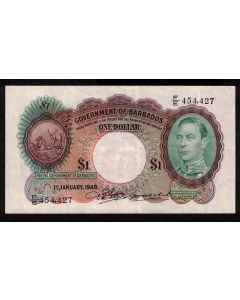 1949 Barbados $1 banknote F/E 454,427 January 1st P#2c nice Choice VF+