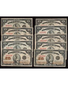 10x 1923 Canada 25 Cent banknotes Campbell Clark 10-notes all FINE or better