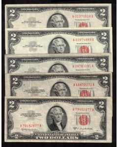 5 x $2 USA RED SEAL United States notes 2 x series 1953 A F and 3 x 1963 VF