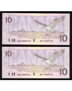 2x 1989 Canada $10 consecutive notes Knight Thiessen BEH1843775-76 CH.UNC