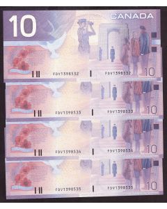 4x 2000 Canada $10 consecutive notes Knight Theissen FDV1398532-35 CH UNC