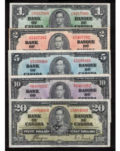 1937 Canada $1 $2 $5 $10 $20 banknote set all Coyne Towers all VF