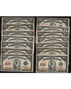 14x 1923 Canada 25 Cent banknotes McCavour Saunders DC-25c 14-notes all FINE