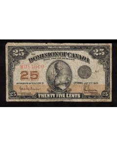 1923 Canada 25 Cent banknote Hyndman Saunders M044669 DC-24b VG+