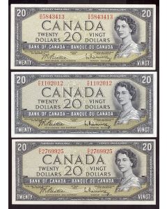 3x 1954 Canada$20 banknotes Choice Almost Uncirculated 3-notes Choice AU