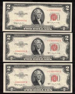 3 x 1953 C  USA $2 STAR NOTES almost consecutive 3-notes Choice AU