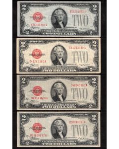 4x 1928 USA RED SEAL $2 banknotes C D E and F FR-1504-5-6 and 7 all 4-notes VF