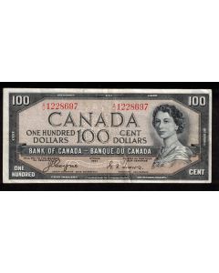 1954 Canada $100 devils face banknote Coyne Towers A/J1228697 a/VF